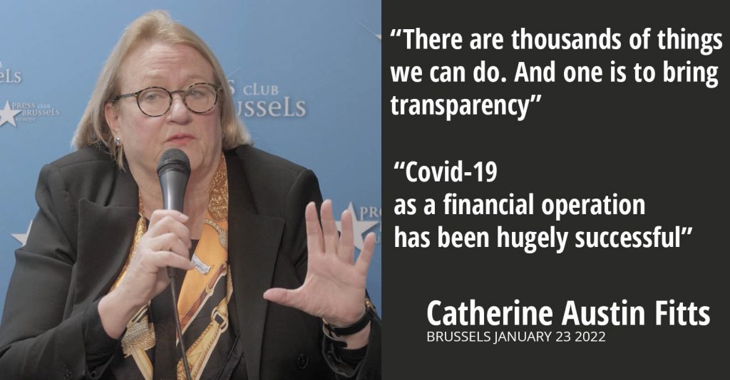 Catherine Austin Fitts: “Quindi ci sono migliaia di cose che noi possiamo fare. E una cosa, è quella di portare trasparenza” – Bruxelles 23 gennaio