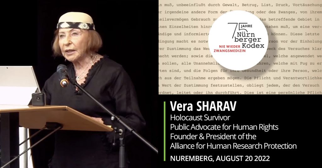 Vera Sharav: « À moins que nous ne résistions tous, ‘plus jamais ça’, c’est maintenant. » – Discours – Nuremberg, le 20 Août 2022