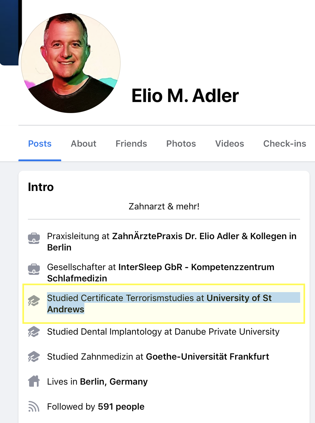 Pagina Facebook del Dott. Elio Adler relativa alla sezione
