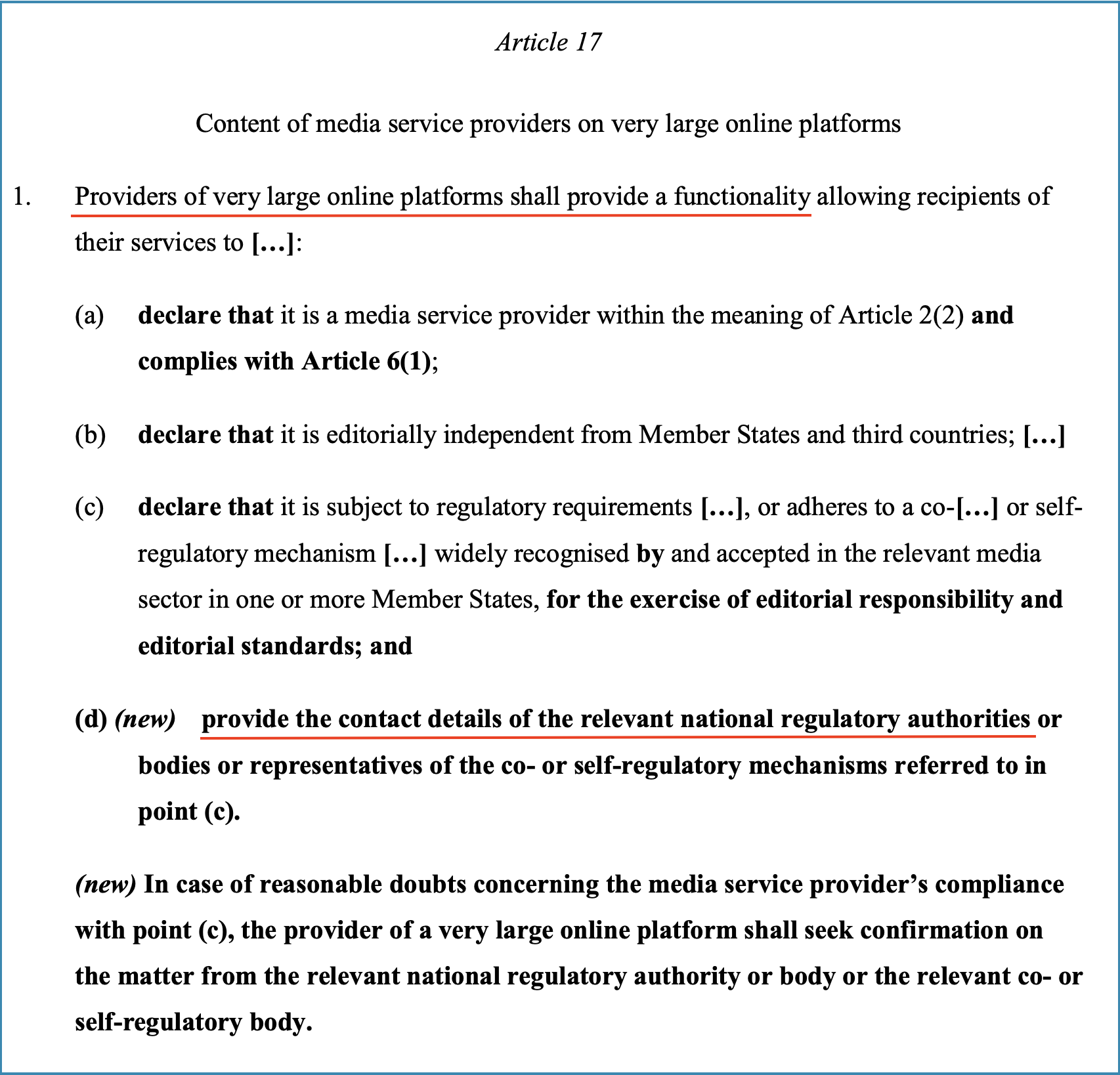 Article 17(1) - Content of media service providers on very large online platforms